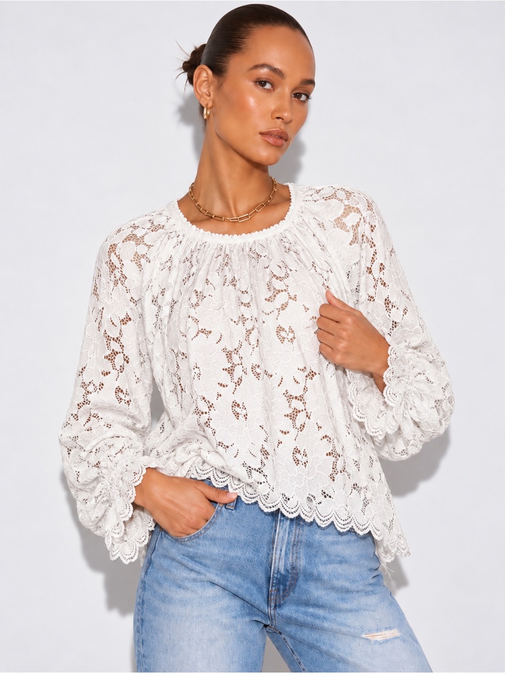 Free People White Lace Boho Blouse Size L Bell Sleeve Ivory Cottagecore Romance